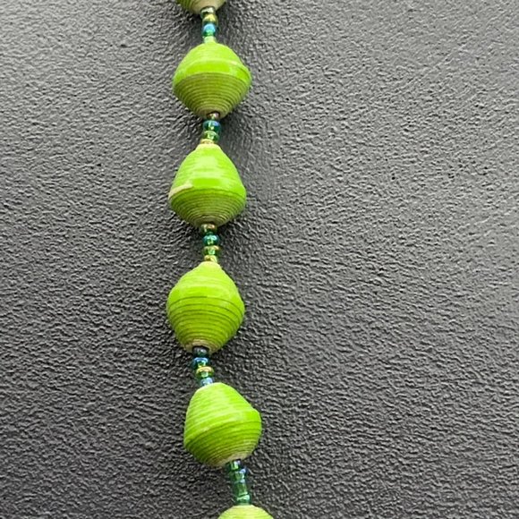 Green Rolled Paper Necklace Blue Iridescent Seed Bead - Picture 2 of 7